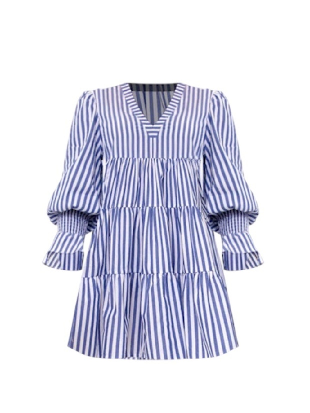 Pomander Place Kenzo Blue and White Stripe Cotton Poplin Tiered Mini Dress - Picture 11 of 13